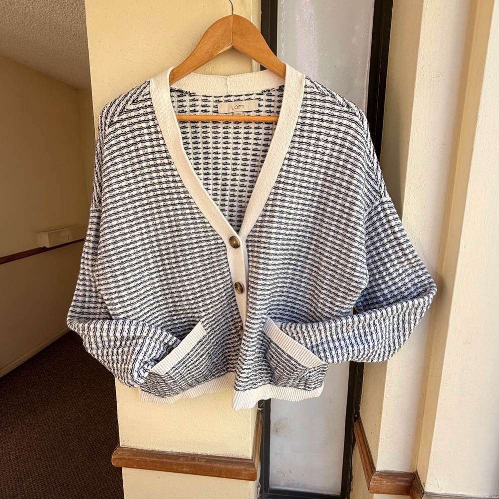LOFT Navy and White Checkered Cardigan